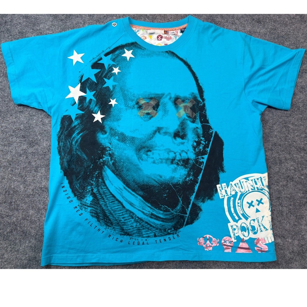 Mens XXL Blue Graphic T Shirt Haunted Pockets Benjamin‎ Franklin VTG